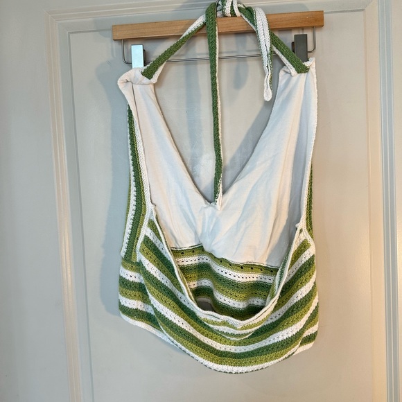 Hollister Green & White Crochet Open Knit Tie Halter Top, Size L/ XL - Picture 4 of 5
